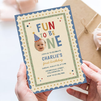 Fun to Be One Photo Colorful 1st Birthday Invitation