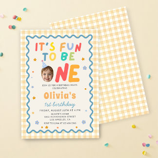 Fun To Be One Photo Gingham 1st Birthday Invitation