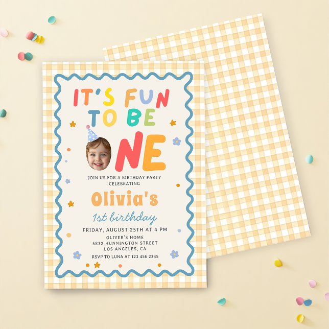 Fun To Be One Photo Gingham 1st Birthday Invitation (Creator Uploaded)
