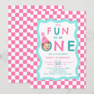 Fun to Be One Photo Pink Checkerboard 1st Birthday Invitation