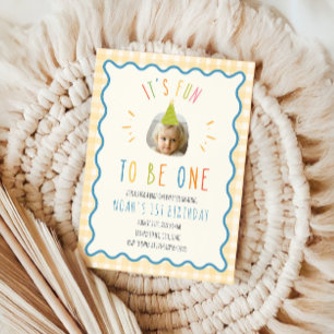 Fun To Be One Photo Yellow Gingham 1st Birthday Invitation