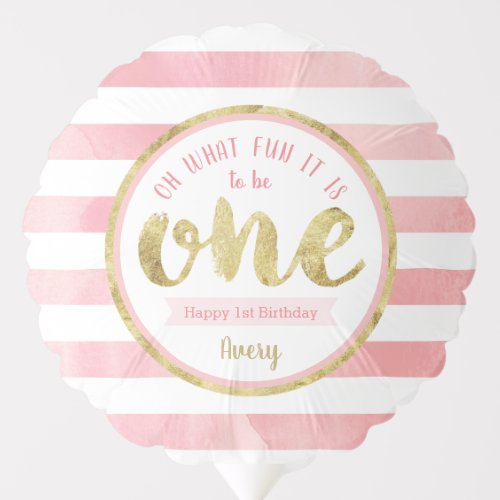 Fun to Be One Pink and Gold First Birthday Party Balloon