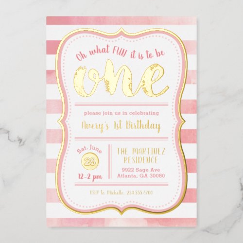 Fun to Be One Pink and Gold First Birthday Party Foil Invitation