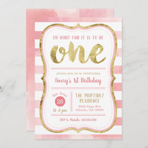 Fun to Be One Pink and Gold First Birthday Party Invitation