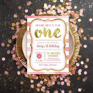 Fun to Be One Pink and Gold First Birthday Party Invitation