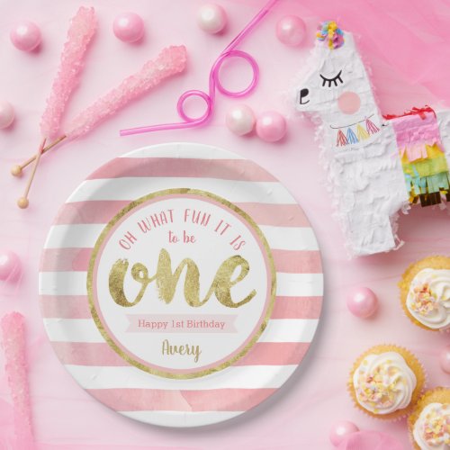 Fun to Be One Pink and Gold First Birthday Party Paper Plates