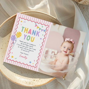 Fun To Be One Pink Colorful 1st Birthday Photo Thank You Card