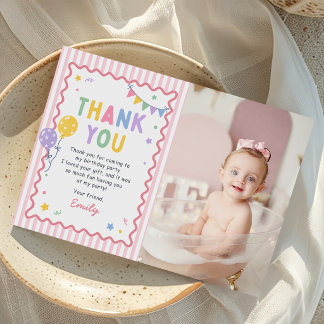 Fun To Be One Pink Colorful 1st Birthday Photo Thank You Card