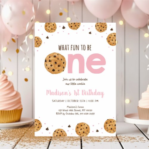 Fun to be One Pink Cookie First Birthday Invitation