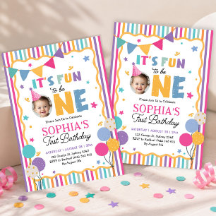 Fun to be One: Striped Colorful 1st Birthday Photo Invitation