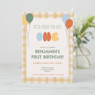 Fun to be One Watercolor Plaid First Birthday Invitation