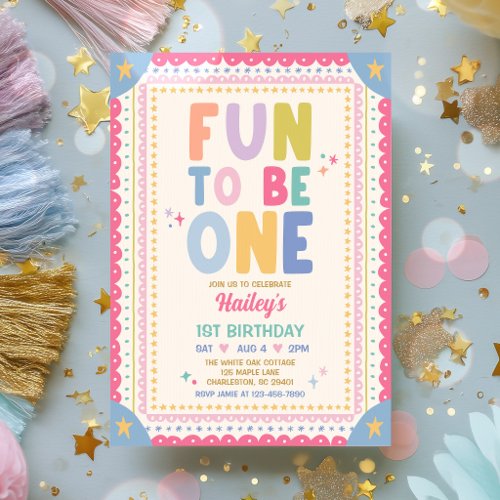 Fun To Be One Whimsical Girl First Birthday Party Invitation