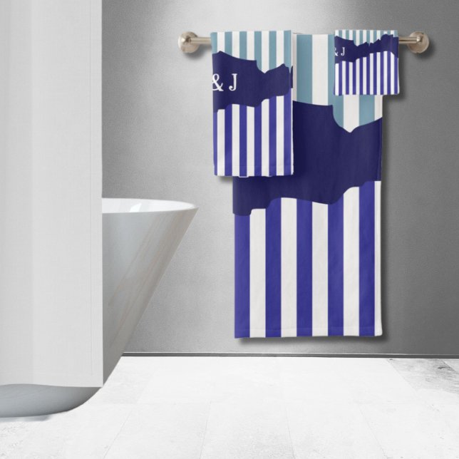 Fun Torn Stripes Blue Layered Initials Bath Towel Set (Fun Torn Stripes Blue Layered Initials Bath Towel Set)