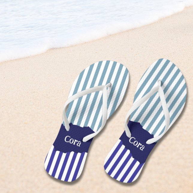 Fun Torn Stripes Blue Layered Name Flip Flops (Fun Torn Stripes Blue Layered Name Flip Flops)