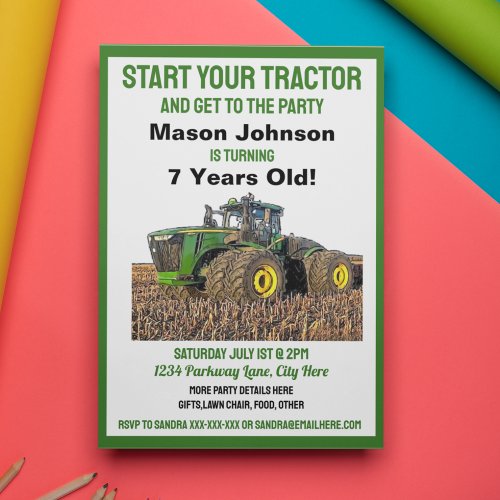 Fun Tractor Birthday Kids Farm Equipment Yellow Invitation