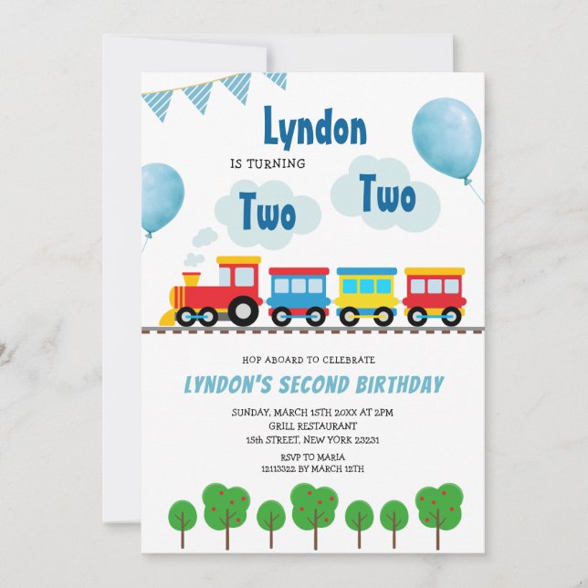 Fun Train Chugga Chugga Two Two Second Birthday Invitation (Front)