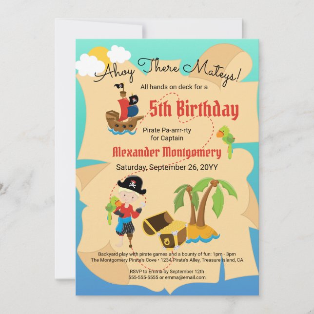 Fun Treasure Map Custom Pirate Boy Birthday Party Invitation (Front)