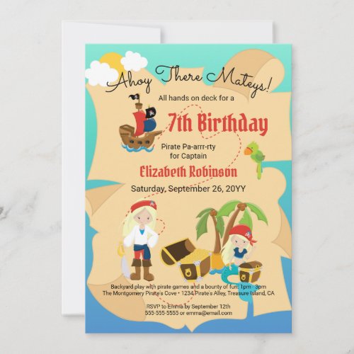 Fun Treasure Map Custom Pirate Girl Birthday Party Invitation
