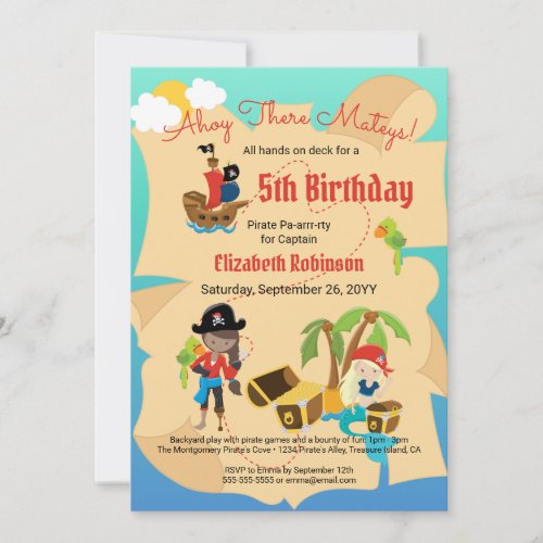 Fun Treasure Map Cute Pirate Girl Birthday Party Invitation