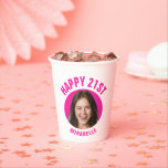 Fun Trendy 21st Birthday CUSTOM TEXT Photo Paper Cups<br><div class="desc">🥂 Create a Fun 21st Birthday paper cup with your text and photo. Fun birthday photo decor in a retro modern design. Year is customizable to suit any birthday year, wether it be your 21st, 30th, 40th, 50th or 60th birthday party! To get the cutout effect please use a png...</div>