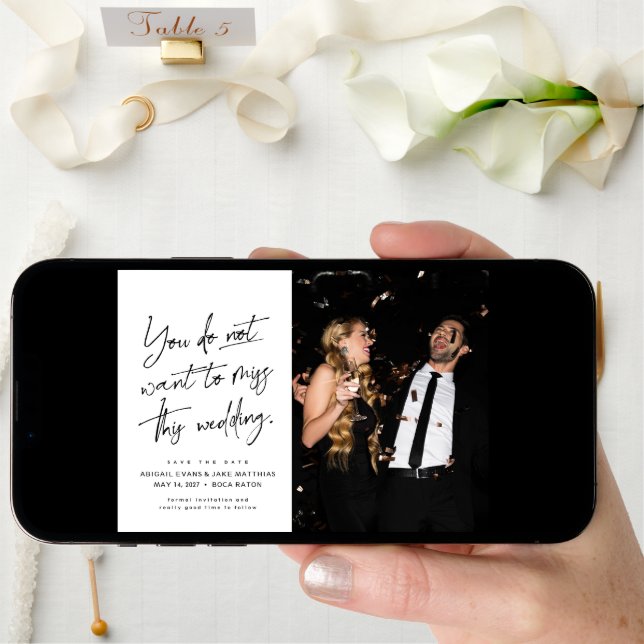 Fun trendy black white two photo save the date (Front Digital)