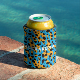 Fun Trendy Bue Orange Cheetah Leopard Pattern Name Can Cooler