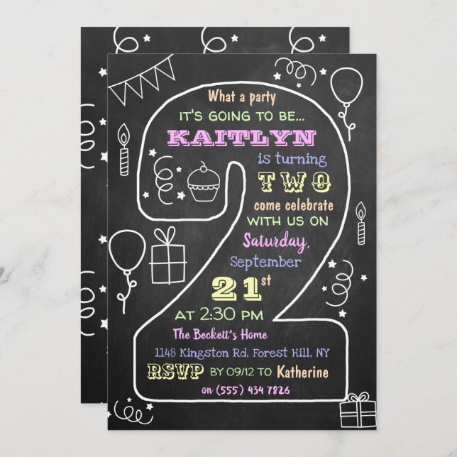 Fun & Trendy Calkboard 2nd Birthday Invitations (Front/Back)