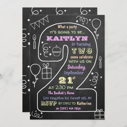 Fun  Trendy Calkboard 2nd Birthday Invitations