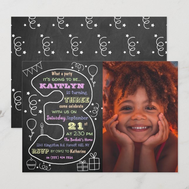 Fun & Trendy Calkboard Photo 3rd Birthday Invitation (Front/Back)