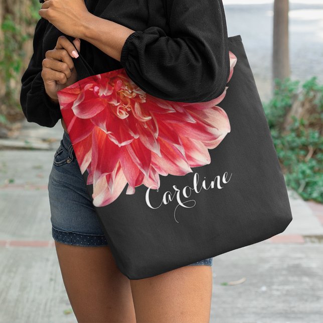 Fun Trendy Chic Peach Pink Red Dahlia Flower Photo Tote Bag (Creator Uploaded)
