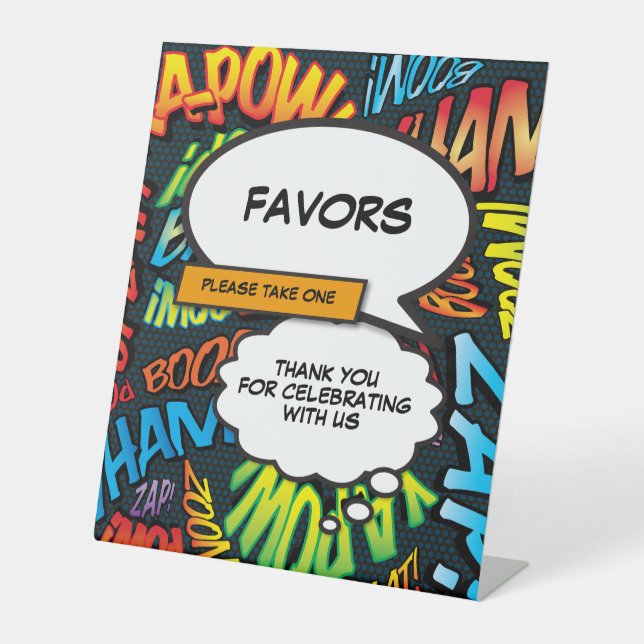 Fun Trendy Comic Book Favors Pedestal Sign (Front)