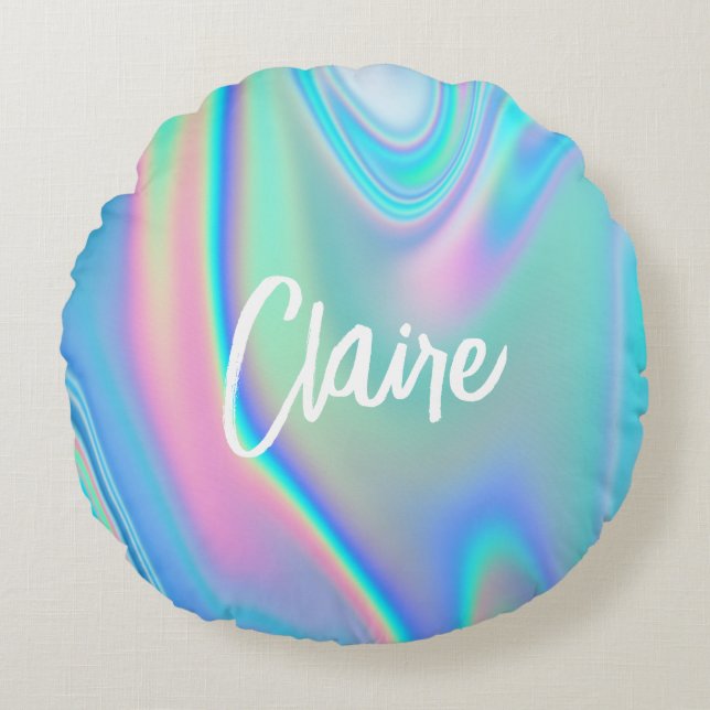 Fun Trendy Faux Iridescent Personalized w/ Name Ro Round Pillow (Front)