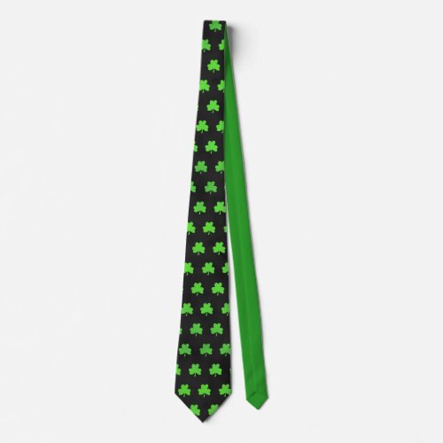 Fun Trendy Green Clover Leaf Pattern Green Black Neck Tie