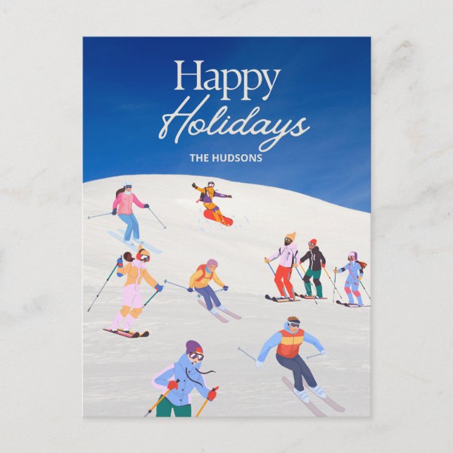 Fun Trendy Happy Holidays Ski Resort  Holiday Postcard (Front)