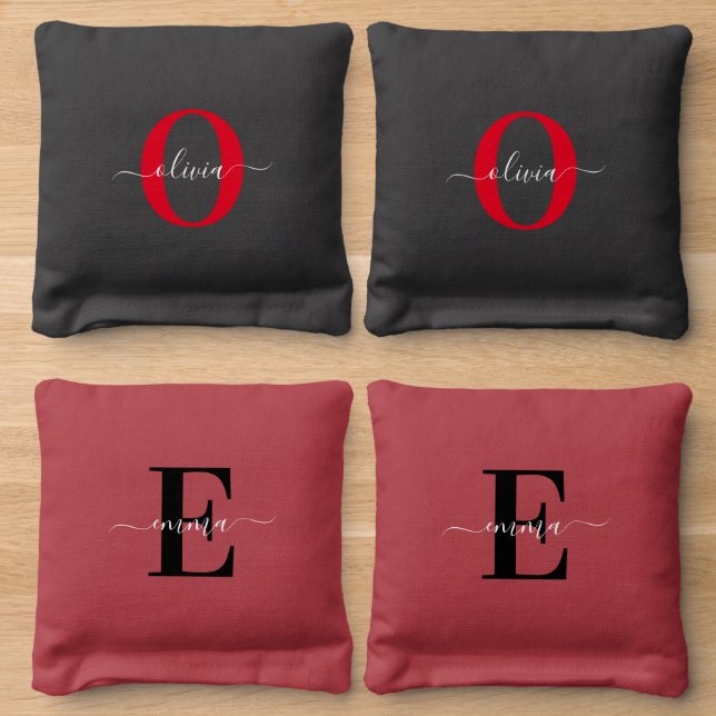 Fun Trendy Monogram Script Name Black Red White Cornhole Bags (Wood)