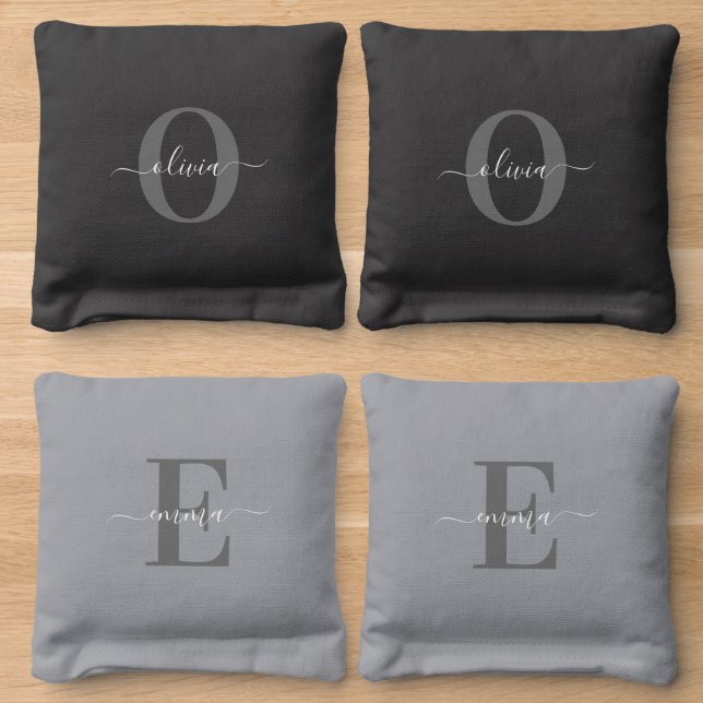 Fun Trendy Monogram Script Name Black White Grey Cornhole Bags (Wood)