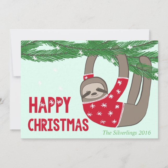 Fun Trendy Sloth Hppy Christmas Personalized Holiday Card (Front)