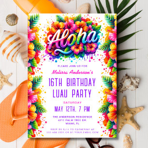 Fun Tropical Aloha Birthday Luau Party Invitation