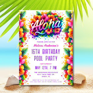 Fun Tropical Aloha Birthday Pool Party Invitation