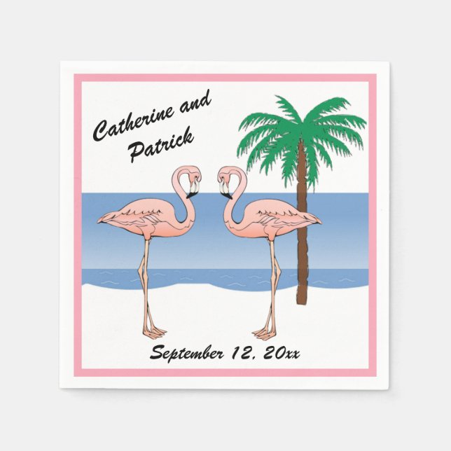 Fun Tropical Beach Pink Flamingo Palm Tree Wedding Paper Napkins (Front)
