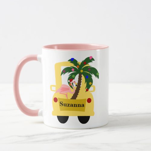 Fun Tropical Christmas Tree Farm with Flamingo Mug