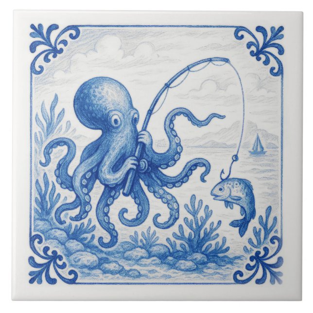 Fun Tropical Delft style Tile Octopus (Front)