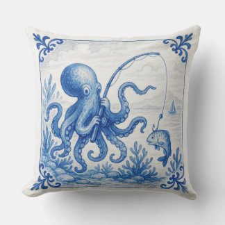 Fun Tropical Delft style Tile Octopus Throw Pillow