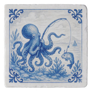Fun Tropical Delft style Tile Octopus Trivet