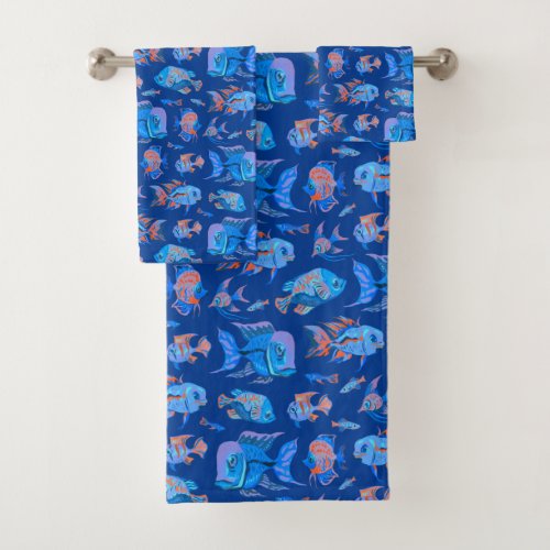 Fun tropical fishes on blue bath towel set
