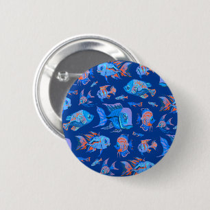 Fun tropical fishes on blue button
