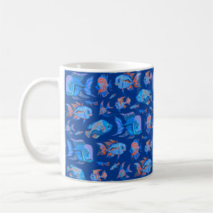 Fun tropical fishes on blue coffee mug