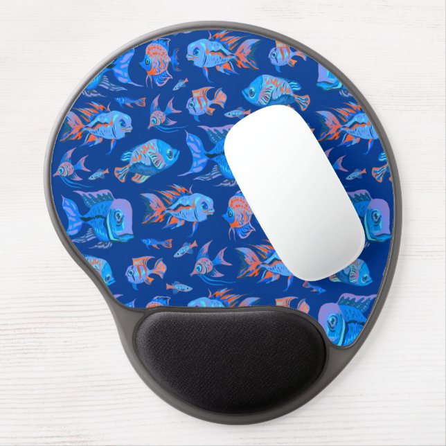 Fun tropical fishes on blue gel mouse pad (Left Side)