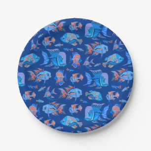 Fun tropical fishes on blue paper plates