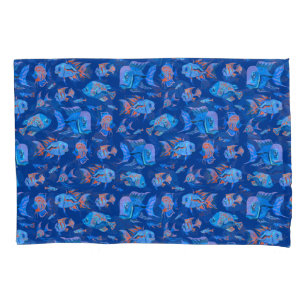 Fun tropical fishes on blue pillow case